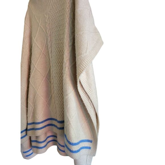 Free People Poncho OS Womens Pullover Tan With Blue Ribbed Top Boho Lagen Look - Picture 2 of 6